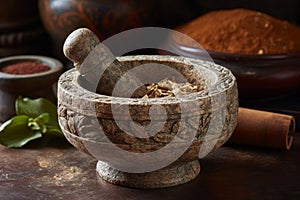 An ornate stone mortar and pestle, grinding fresh herbs and roots into a healing salve or powder. Render the timeless, meticulous