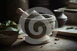 An ornate stone mortar and pestle, grinding fresh herbs and roots into a healing salve or powder. Render the timeless, meticulous