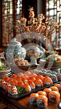 An ornate table featuring an elegant spread of sashimi, sush