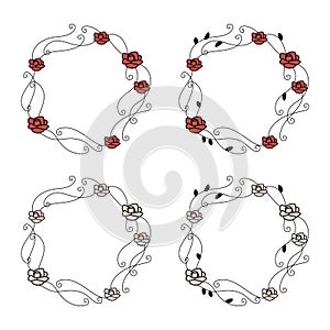 Ornate thin with curls of black lines wreaths with bright red and white roses isolated on white background.