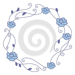 Ornate thin with curls of blue lines wreaths with bright blue roses isolated on white background
