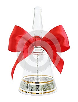 Ornate transparent crystal handbell with a red satin bow