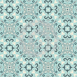 Ornate trendy design ceramic tile blue mint pastel color, Arabic style decorative wall decoration, vector illustration