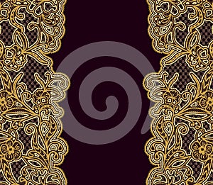Ornate vintage burgundy background with gold lace. Template for the design of greeting cards or invitations.