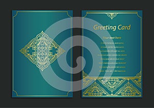 Ornate vintage cards. Golden decor. Template frame for save the date and greeting card, wedding invitation, certificate, leaflet,