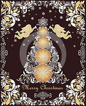 Ornate vintage Christmas greeting card with floral decorative paper cut out border, xmas tree, golden angels and snowflakes