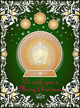 Ornate vintage Christmas greeting green card with floral paper cut out border, snowflakes, hanging balls and golden xmas globe wit