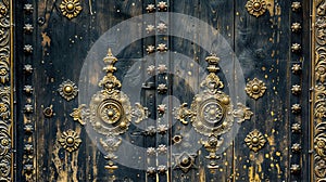 Ornate vintage metalwork on wooden church doors