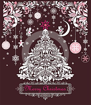 Ornate vintage sweet Christmas greeting cards with floral decorative paper cut out border, xmas tree, golden angels and hanging de