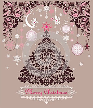 Ornate vintage sweet Christmas greeting cards with floral decorative paper cut out border, xmas tree, golden angels and hanging de