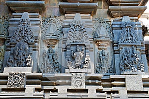 Ornate wall panel reliefs depicting Hindu deities, Chennakesava temple, Belur, Karnataka.