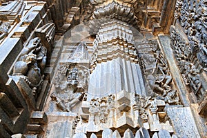 Ornate wall panel reliefs depicting Hindu deities, Chennakesava temple, Belur, Karnataka.