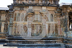 Ornate wall panel reliefs depicting Hindu deities, Ranganayaki, Andal, temple, Chennakesava temple complex, Belur, Karnataka. Sout