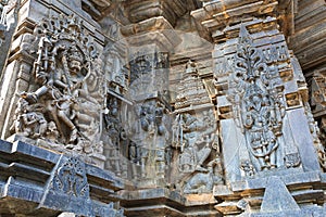 Ornate wall panel reliefs depicting, from left, Narsimha, Sundari, Nagas, Vishnu as Varaha and Lord Bramha Chennakesava temple, Be
