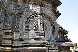 Ornate wall panel reliefs depicting, from left, Sundari, Nagas, Shiva as Gajasurasamhara, Bramha and Narayana on the extre right.