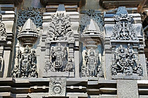 Ornate wall panel reliefs depicting, from left, Sundari, Nagas, Shiva as Gajasurasamhara, Bramha and Narayana on the extre right.