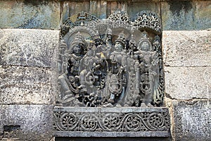 Ornate wall panel reliefs depicting,from left, Vishnu with his consort Lakshmi, Paravati and Shiva. Ranganayaki, Andal, temple, Ch