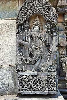 Ornate wall panel reliefs depicting Vishnu as Trivikrama. Ranganayaki, Andal, temple, Chennakesava temple complex, Belur, Karnatak