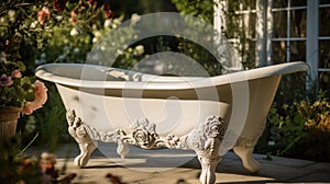 Ornate white bathtub sitting in a garden