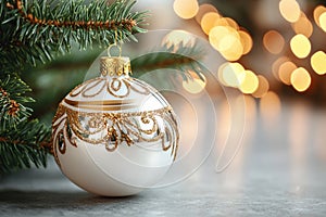 Ornate white and gold bauble hanging on a festive Christmas tree with glowing fairy lights blending holiday luxury and seasonal photo