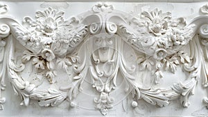 Ornate white plaster relief on wall. Classical architecture detail