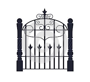 Ornate wicket gate, classic wrought iron door of 19th century. Vintage entrance with decorated lattice in old style photo