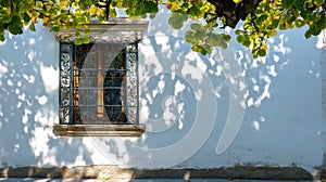 Ornate Window and White Wall with Leaf Shadows