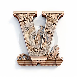 Ornate Wood Letter V In Vray Tracing Style - 3d Illustration