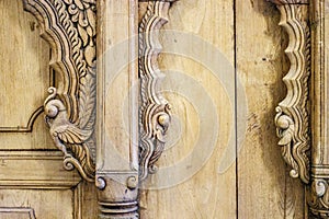 Ornate wooden door with sculpted birds, Taj Mahal Palace, Mumbai, Maharashtra, India,