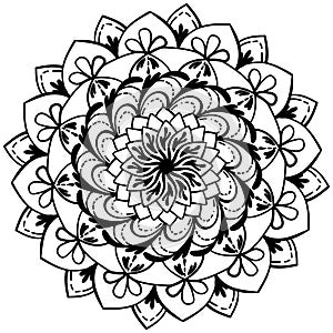 Ornate zen mandala with petals and patterns, doodle coloring page for design