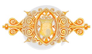 Ornated gold vintage decor with heraldic shield.