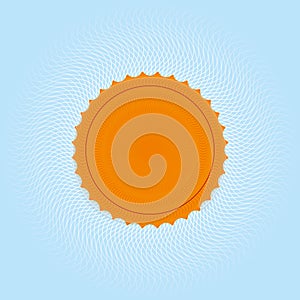 Ornated sun symbol in orange over soft blue background