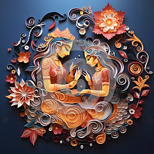 Ornately arranged images of two Indian women around flowers decorations dark solid background. Diwali, the dipawali Indian