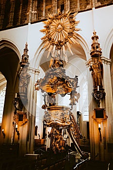 Ornately decorated interior of the Church of Our Lady. Bruges, Belgium.