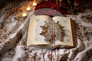 ornately designed christmas storybook opened on a snowflake blanket