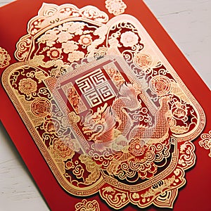 Ornately designed red envelope customary within Chinese cultural traditions