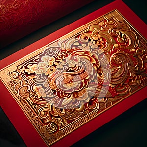 Ornately designed red envelope customary within Chinese cultural traditions photo