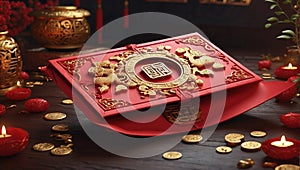 Ornately designed red envelope garnished with golden adornments traditional Chinese elements