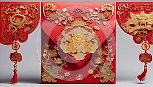 Ornately designed red envelope garnished with golden adornments traditional Chinese elements