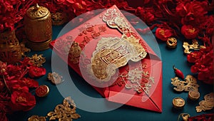 Ornately designed red envelope garnished with golden adornments traditional Chinese elements