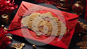 Ornately designed red envelope garnished with golden adornments traditional Chinese elements