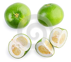 Oroblanco fruit set whole, half and piece on a white background, isolated. The view from top