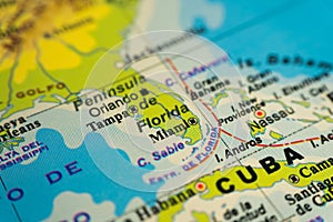Orographic map of the state of Floria in the United States. With references in Spanish. Concept of cartography, tourism, geography