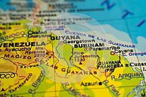 Orographic map of Suriname, Guyana and eastern Venezuela, with references in Spanish. Concept of cartography, travel, geography.