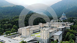 OROPA, BIELLA, ITALY - JULY 7, 2018: aero View of beautiful Shrine of Oropa, Facade with dome of the Oropa sanctuary