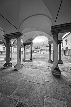Oropa Sanctuary, Piedmont, Italy. Black and white photo.