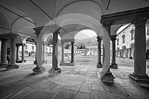 Oropa Sanctuary, Piedmont, Italy. Black and white photo.