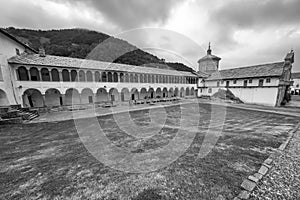 Oropa Sanctuary, Piedmont, Italy. Black and white photo.