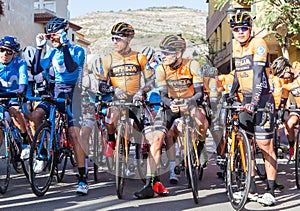 OROPESA DEL MAR, SPAIN - JANUARY 31, 2018: Bicyclists participate in the start bicycle race in La Vuelta on January 31