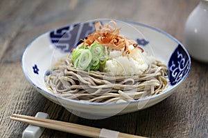 Oroshi soba, Japanese chilled buckwheat noodles topped with grated daikon radish is eaten with soba soup.